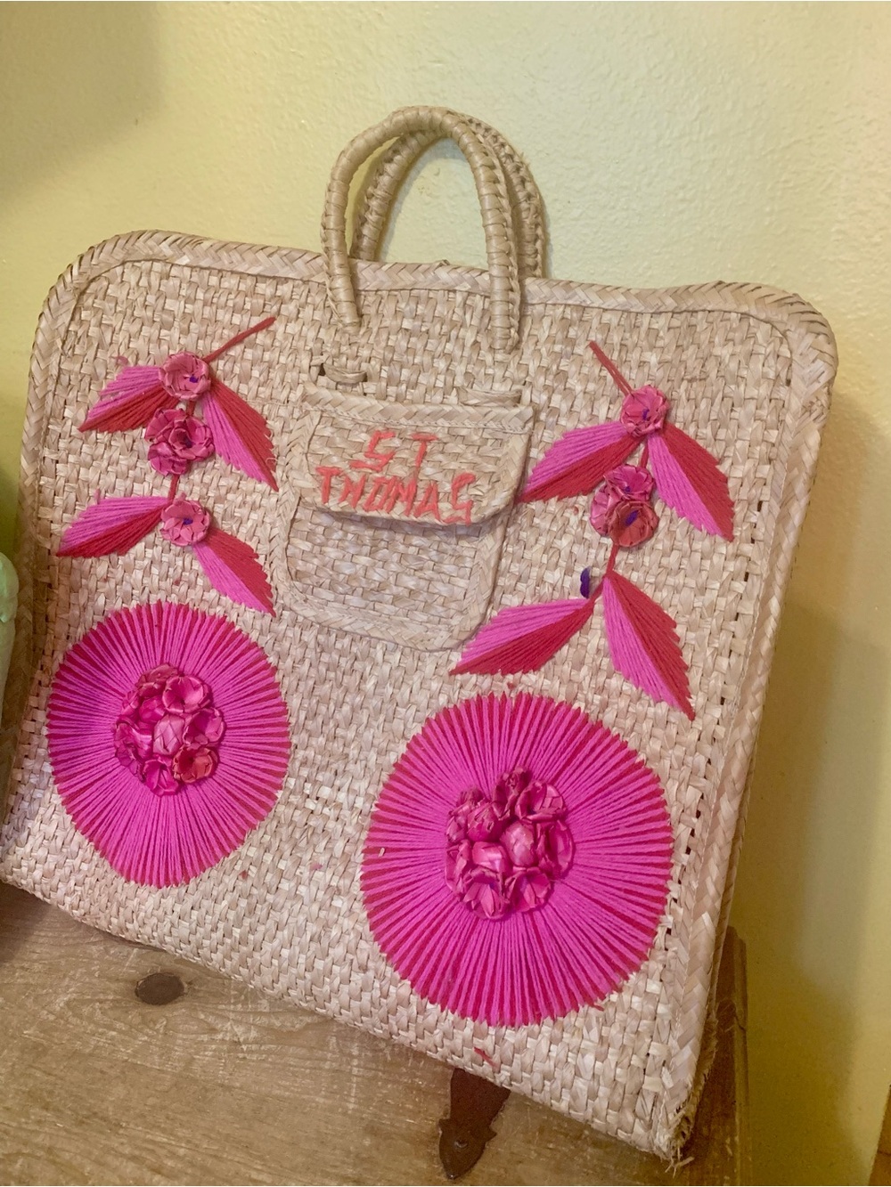 Woven Straw Bag with pink accents and pocket. Saint Thomas beach bag.